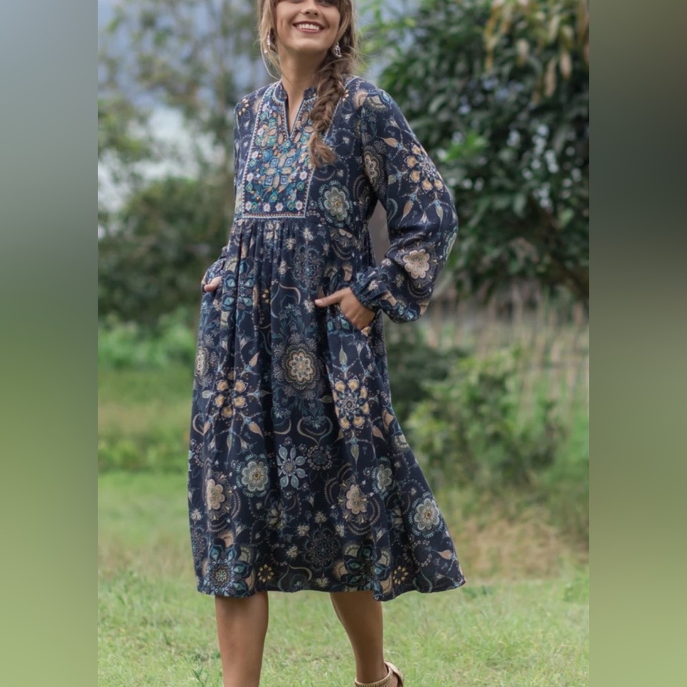 NOVICA "Celestial Day" Boho Granola Hippie Embroidered Empire Floral LS Midi XXL